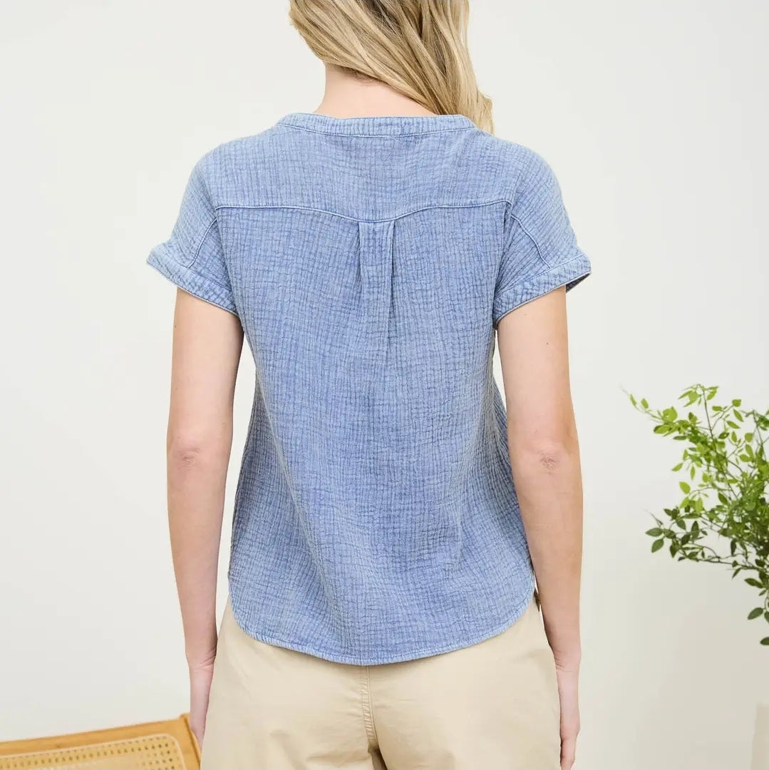 Short Sleeve Henley Chambray Top