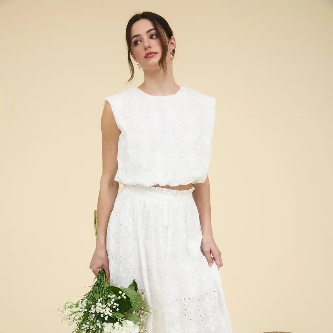Eyelet Ruffle Detail Midi Skirt
